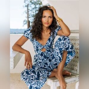 Cleobella Reza Swirl Print Jumpsuit in Blue & White With Front Cutouts